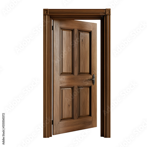 Elegant Wooden Door with Intricate Panel Design Slightly Ajar