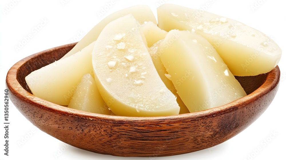 Freshly Sliced Potatoes Served in a Wooden Bowl Ready for Cooking or Snacking Freshly Sliced Potatoes Served in a Wooden Bowl Ready for Cooking or Snacking