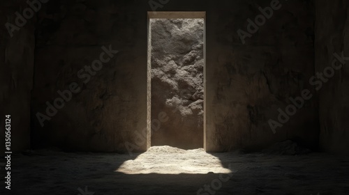Empty tomb, ancient light,  stone walls.  Sunlight filters through a doorway, illuminating dust