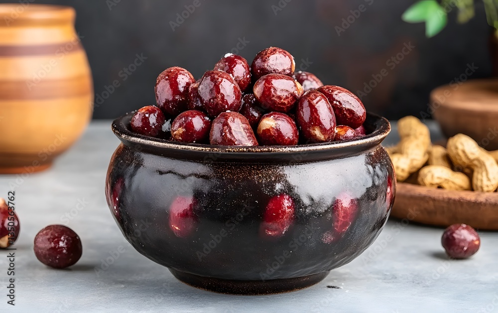 Obraz premium Roasted Red Peanuts in Dark Brown Bowl, Salted Peanuts Snack Food
