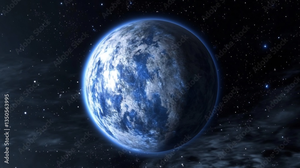 Obraz premium Alien planet with floating landmasses orbiting a pulsar bathed in intense blue radiation