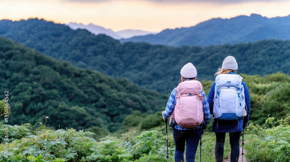 Naklejka premium Two hikers enjoy a mountain vista
