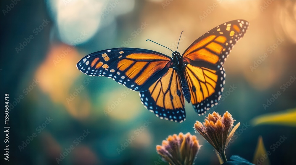 Fototapeta premium Beautiful Monarch Butterfly with Vibrant Orange Wings Fluttering Above Delicate Flowers in Nature
