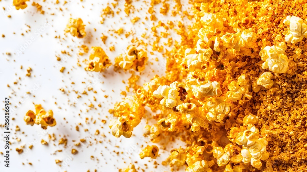 Golden Popcorn Sprinkled with Flavoring on a White Surface Creating a Textured Background Golden Popcorn Sprinkled with Flavoring on a White Surface Creating a Textured Background