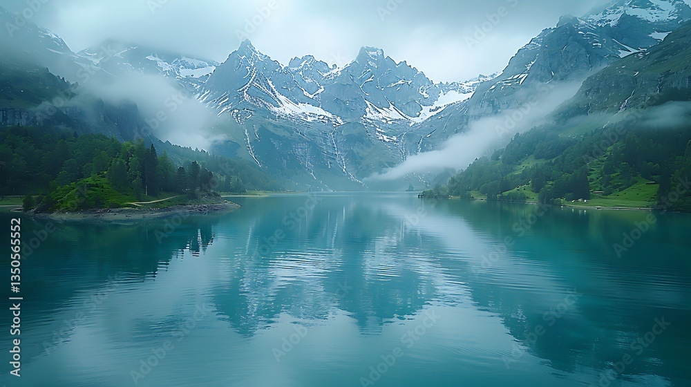 Naklejka premium Serene mountain lake reflecting misty peaks and lush greenery under a cloudy sky at dawn