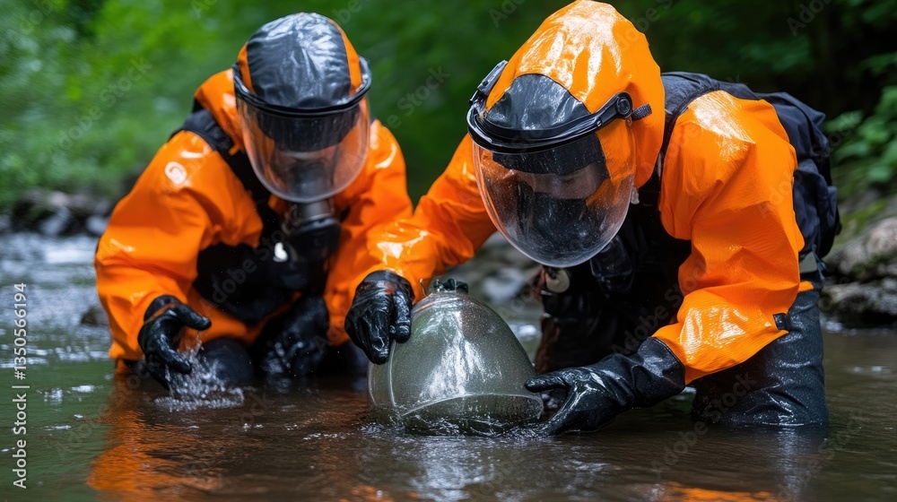 Hazardous material cleanup team working in a contaminated stream Hazardous material cleanup team working in a contaminated stream