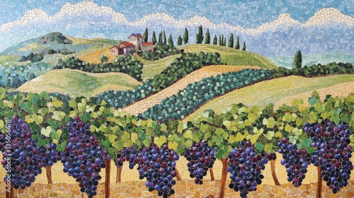 Beautiful mosaic depicting vineyards and rolling hills beneath a bright sky