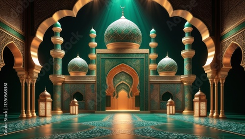 Luxurious islamic golden background. Elegant mosque background. Green islamic golden ceremony award stage venue background. 