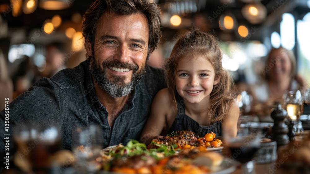 A man and a child are seated at a dining table with a large plate of food in front of them. A man and a child are seated at a dining table with a large plate of food in front of them.