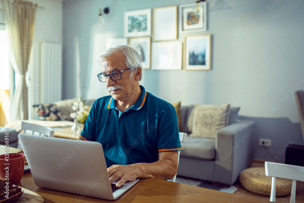 Senior man with glasses using laptop at home Senior man with glasses using laptop at home
