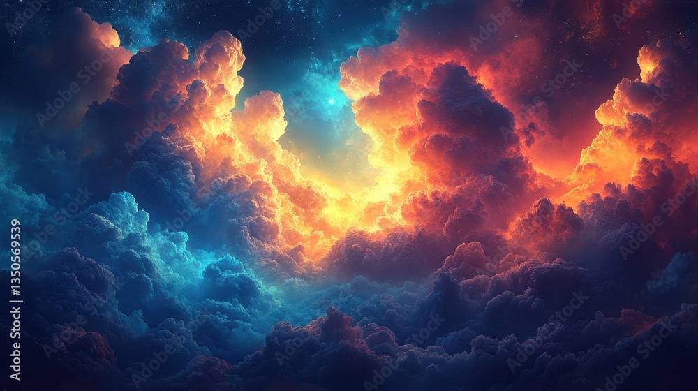 Fototapeta premium Fiery, celestial cloudscape; cosmic background; fantasy art; ideal for fantasy book covers