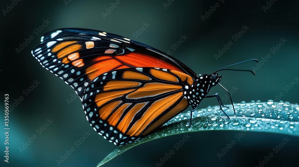 Closeup of a Monarch Butterfly Resting on a Dewy Leaf in a Natural Outdoor Setting Closeup of a Monarch Butterfly Resting on a Dewy Leaf in a Natural Outdoor Setting