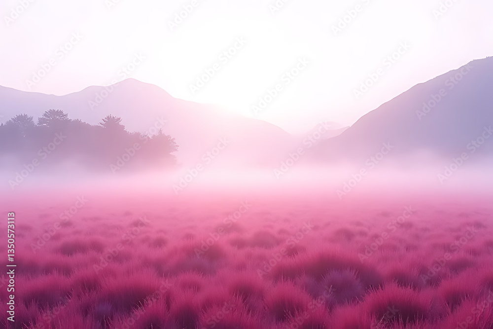 Fototapeta premium A morning mist over the pink grass fields of Da Lat, soft pastel hues blending with the fog and mountains, providing an elegant