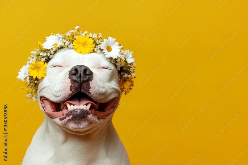 Fototapeta premium Professional studio snapshot. Cute adult dog boxer wearing fierce flower circlet on its head - symbol of sunny warm season. Isolated purple background, copy space, ad campaign visual idea.