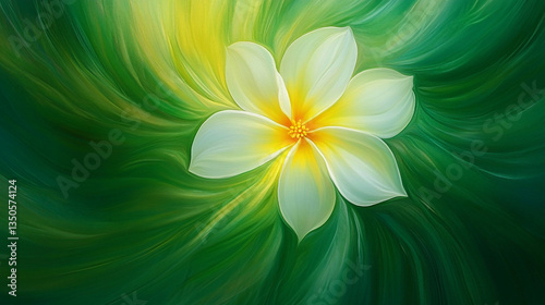 A vibrant, swirling green background featuring a delicate white and yellow flower at the center, symbolizing tranquility