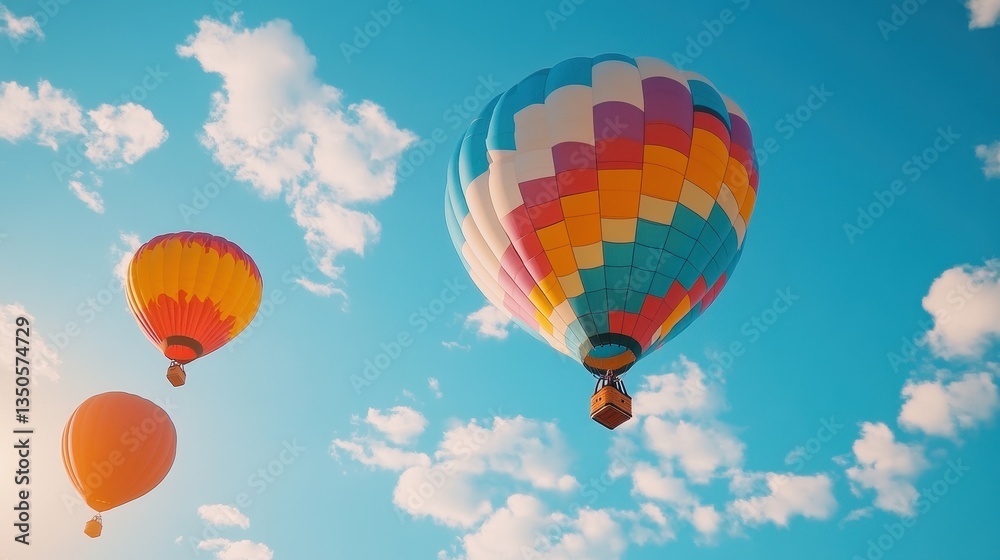 Fototapeta premium Colorful Hot Air Balloons Floating Against a Bright Blue Sky