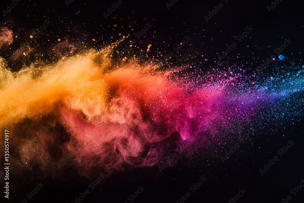 Fototapeta premium Colorful explosion of vibrant powder in mid-air on black background representing energy, creativity and celebration