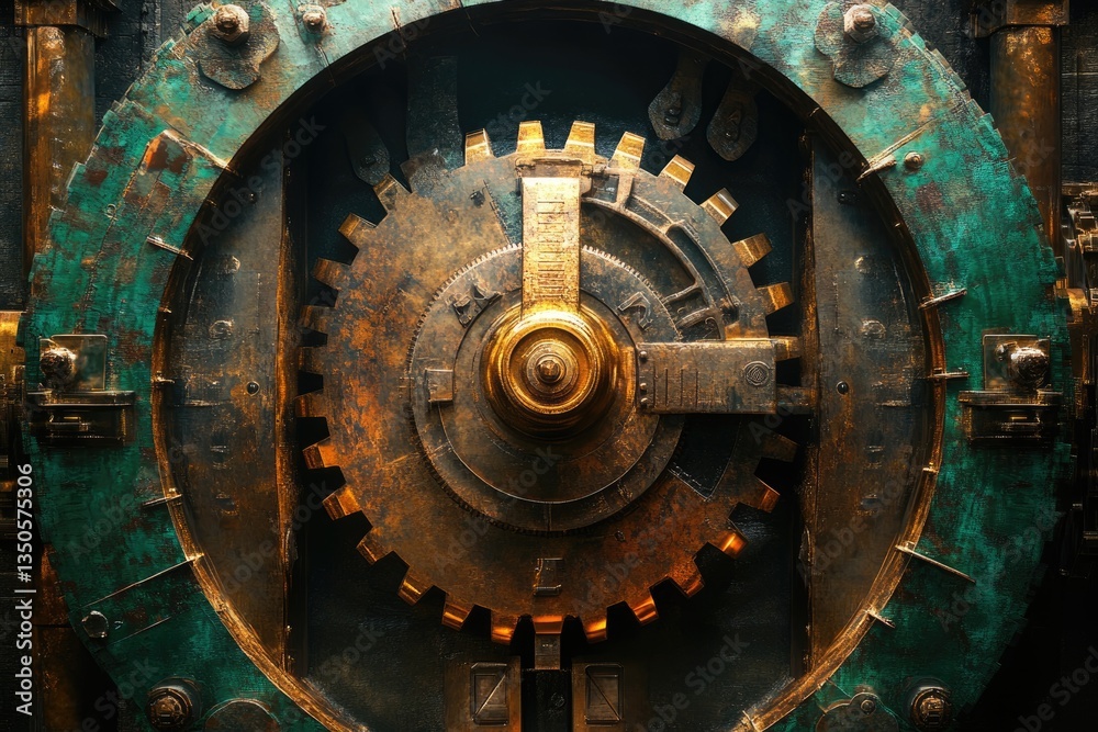 A close-up of an intricate steampunk-style gear mechanism with aged metallic textures and teal accents. A close-up of an intricate steampunk-style gear mechanism with aged metallic textures and teal accents.
