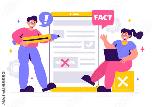 Fact or Myths Check News Vector Illustration Featuring Myths vs. Facts for Thorough Verification and Evidence Comparison in a Flat Style Background