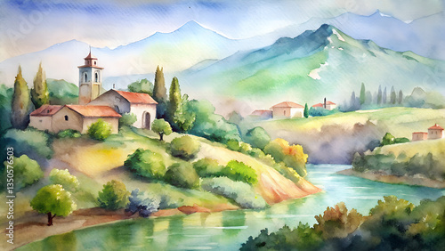 Watercolor European Landscape.