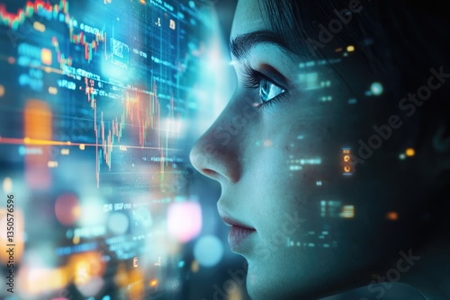 A woman's face is superimposed on a futuristic screen displaying stock market data, representing technological advancements in finance.