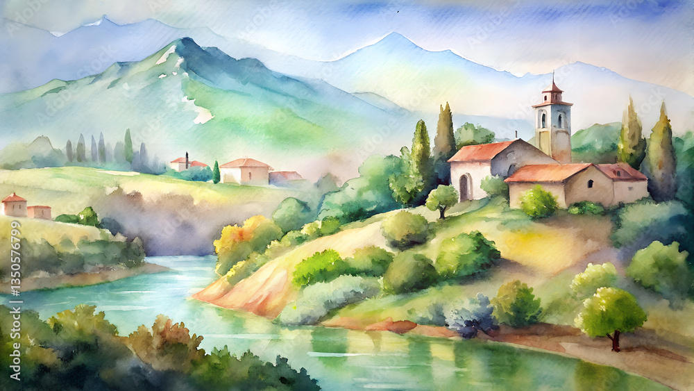 Fototapeta premium Watercolor European Landscape.