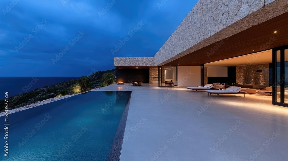 Fototapeta premium Modern Coastal Villa with Infinity Pool. Overlooking the Sea at Dusk