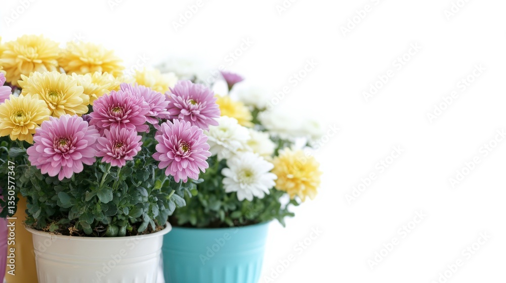 Fototapeta premium Pastel Flowers in Colorful Pots on White Background