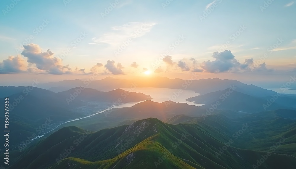 Fototapeta premium Sunset over mountain lake vista.