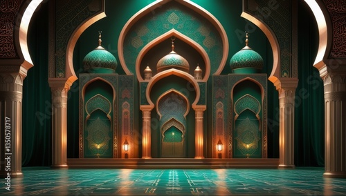Luxurious islamic golden background. Elegant mosque background. Green islamic golden ceremony award stage venue background. 