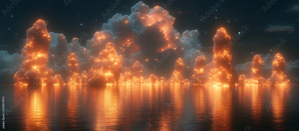 Fototapeta premium Glowing Cloud City Reflection on Water at Night with Starry Sky