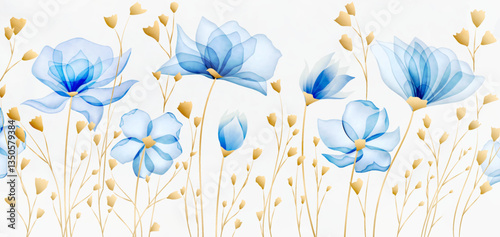 Abstract luxury art background with blue transparent flowers in watercolor style with golden floral elements. Botanical banner for decor, print, textile, wallpaper, interior, packaging.