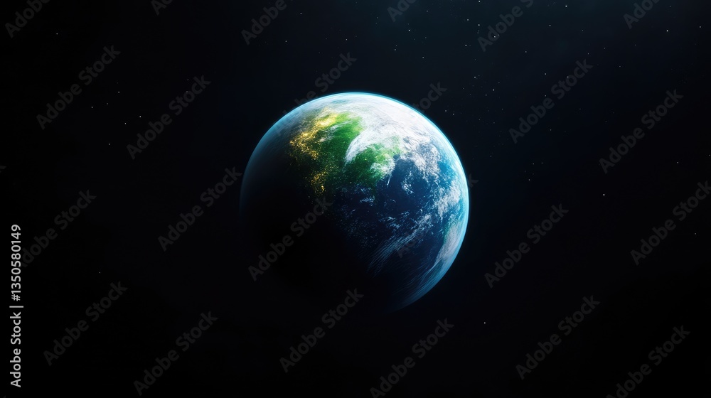 Obraz premium Planet Earth glowing in the dark expanse of outer space with visible continents and clouds.