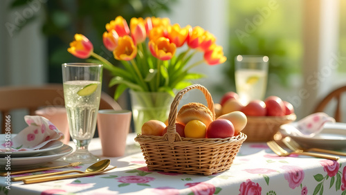 Wicker basket with bread and fruits on a floral tablecloth. Pastel dishes, golden cutlery, and tulip centerpiece create a fresh and vibrant spring dining setting.