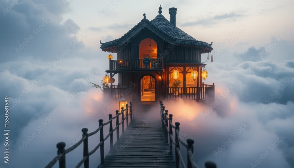 Fototapeta premium Enchanted Cloud Tea House A Surreal Wooden Haven