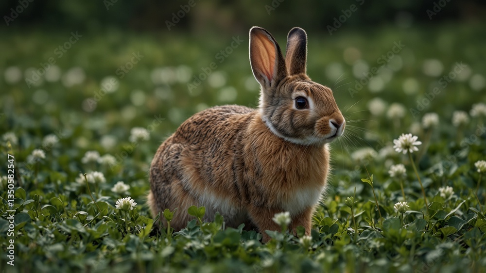 Fototapeta premium A curious rabbit, hopping across a patch of clover, its long ears perked up as it sniffs the air.
