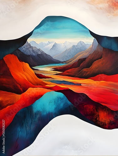 Abstract Mountain Landscape Vivid Hues, Teal Lake, Snowy Peaks