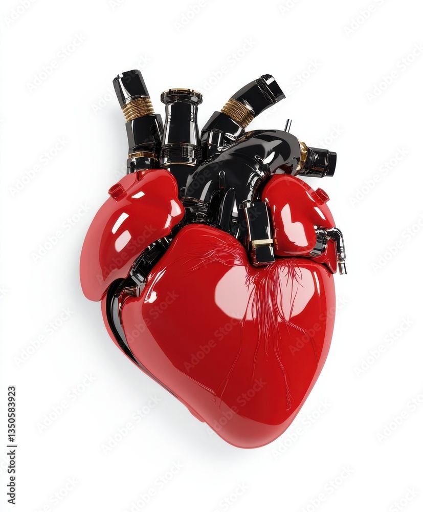 Naklejka premium Detailed red heart sculpture with mechanical components on white background