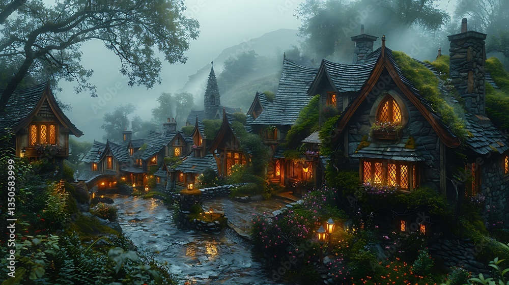 Obraz premium Enchanted village at dusk with glowing windows, misty hills in the background, and serene atmosphere