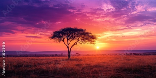 A breathtaking African sunrise with golden, pink, and purple hues illuminating the vast savanna, with a lone acacia tree silhouetted against the sky. 