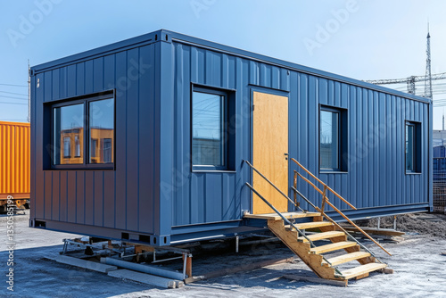 Blue Modular Office Container Building with Wooden Door and Stairs Under Bright Sunlight In Construction Site