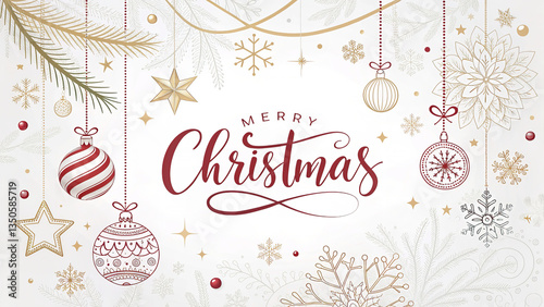 Merry christmas with ornaments snowflakes and stars on a white festive holiday background design