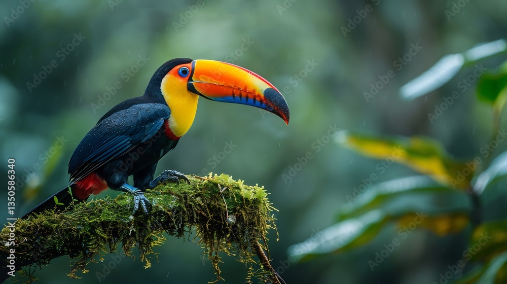 Naklejka premium Red billed toucan perched a mossy branch striking beak colors rich rainforest greens perfect natural composition