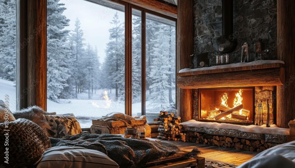 Fototapeta premium Serene winter retreat: Cozy cabin interior with fireplace and snowy forest view