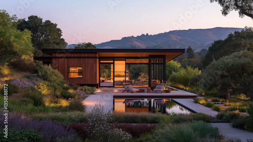 Sunset Serenity: A modern home with expansive glass walls and warm interior lighting sits peacefully amidst a lush garden landscape, creating a serene and inviting atmosphere.