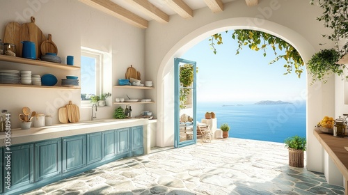 Minimalist Greek kitchen design with blue kitchenware, stone surfaces, and wooden accents