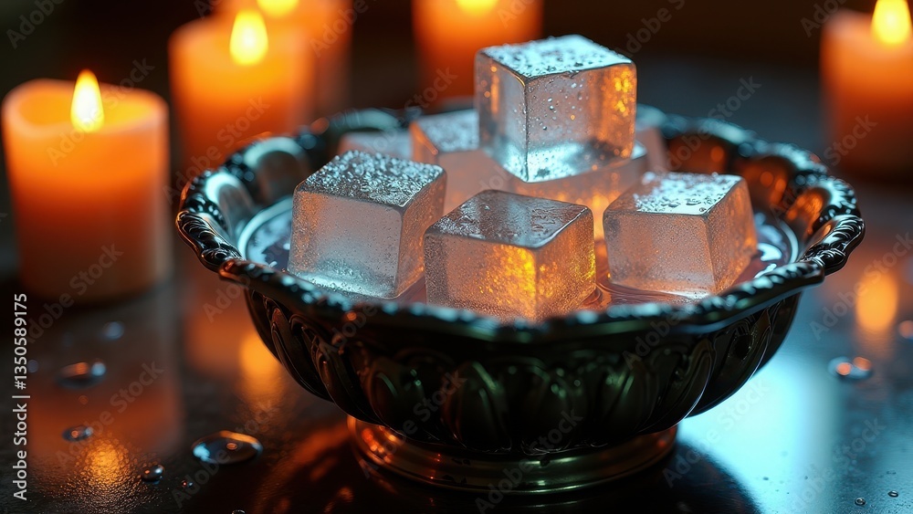 Melting ice cubes stacked in ornate golden bowl on wooden surface indoors Melting ice cubes stacked in ornate golden bowl on wooden surface indoors