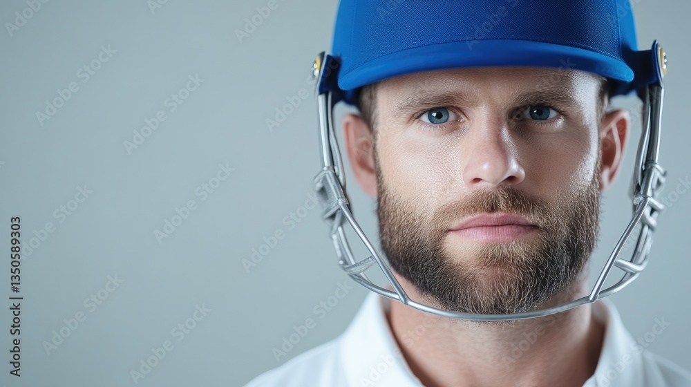Close-up portrait of a cricket player wearing protective gear.  Serious expression