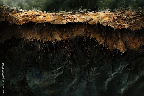 A cross-section of soil revealing topsoil, subsoil, and deep earth with visible roots.