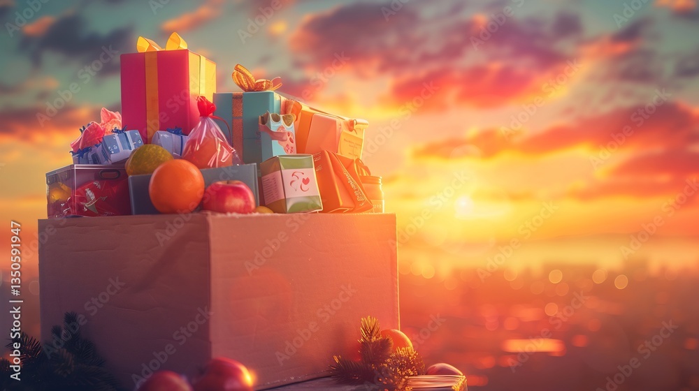 Naklejka premium Inspiring generosity wish card showcasing donation box overflowing gifts food clothes set against warm sunset glow blank section one side allows writing the recipients name and words of appreciation